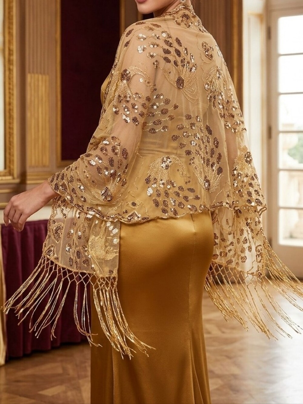 Gold Sequin Fringe Wrap Scarf Shawl 1920s Flapper Peacock Design